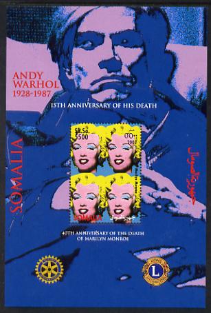 Somalia 2002 40th Death Anniversary of Marilyn Monroe & 15th Death Anniversary of Andy Warhol perf m/sheet with Rotary & Lions Int Logos unmounted mint. Note this item is..., stamps on women, stamps on pin-ups, stamps on arts, stamps on marilyn, stamps on movies, stamps on cinema, stamps on films, stamps on warhol, stamps on rotary, stamps on lions int, stamps on 