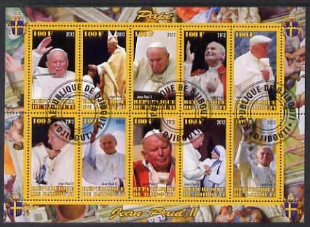 Djibouti 2012 Pope John Paul II #2 perf sheetlet containing 10 values cto used, stamps on personalities, stamps on pope, stamps on popes, stamps on religion