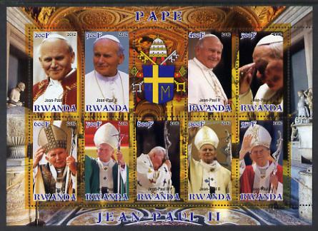 Rwanda 2012 Pope John Paul II #1 perf sheetlet containing 10 (9 values plus label) unmounted mint, stamps on , stamps on  stamps on personalities, stamps on  stamps on pope, stamps on  stamps on popes, stamps on  stamps on religion