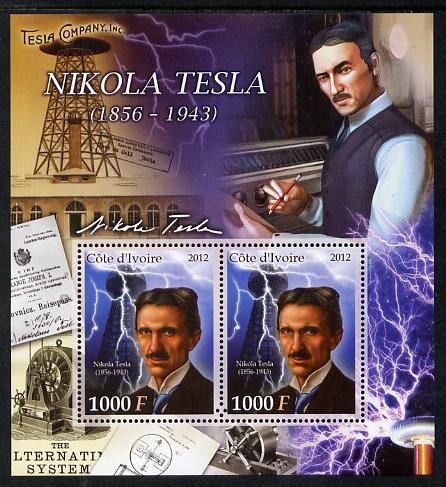 Ivory Coast 2012 Nikola Tesla perf sheetlet containing 2 values unmounted mint , stamps on personalities, stamps on engineering, stamps on science, stamps on technology, stamps on electricity, stamps on energy