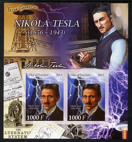 Ivory Coast 2012 Nikola Tesla imperf sheetlet containing 2 values unmounted mint , stamps on , stamps on  stamps on personalities, stamps on  stamps on engineering, stamps on  stamps on science, stamps on  stamps on technology, stamps on  stamps on electricity, stamps on  stamps on energy