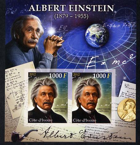 Ivory Coast 2012 Albert Einstein imperf sheetlet containing 2 values unmounted mint , stamps on personalities, stamps on einstein, stamps on science, stamps on physics, stamps on nobel, stamps on maths, stamps on space, stamps on judaica, stamps on atomics, stamps on mathematics, stamps on judaism