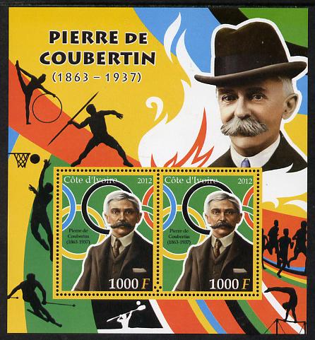 Ivory Coast 2012 Pierre de Coubertin perf sheetlet containing 2 values unmounted mint , stamps on personalities, stamps on coubertin, stamps on olympics, stamps on running, stamps on javelin, stamps on  gym , stamps on gymnastics, stamps on basketball, stamps on skiing, stamps on 