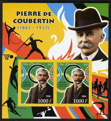 Ivory Coast 2012 Pierre de Coubertin imperf sheetlet containing 2 values unmounted mint , stamps on personalities, stamps on coubertin, stamps on olympics, stamps on running, stamps on javelin, stamps on  gym , stamps on gymnastics, stamps on basketball, stamps on skiing, stamps on 