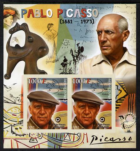 Ivory Coast 2012 Pablo Picasso imperf sheetlet containing 2 values unmounted mint , stamps on personalities, stamps on picasso, stamps on arts