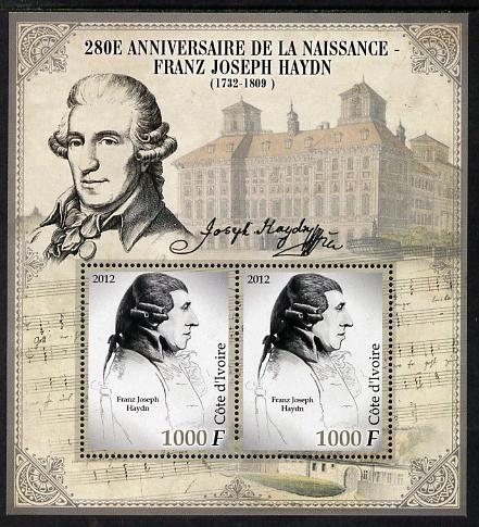 Ivory Coast 2012 Franz Joseph Haydn perf sheetlet containing 2 values unmounted mint , stamps on personalities, stamps on haydn, stamps on music, stamps on composers
