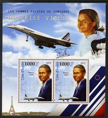 Ivory Coast 2012 Beatrice Vialle (Concorde Pilot) perf sheetlet containing 2 values unmounted mint , stamps on personalities, stamps on concorde, stamps on aviation, stamps on women