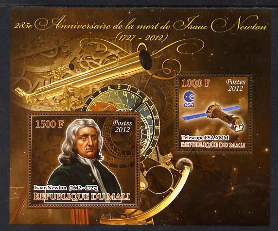 Mali 2012 Death Anniversary of Isaac Newton perf sheetlet containing 2 values unmounted mint , stamps on personalities, stamps on newton, stamps on science, stamps on physics, stamps on maths, stamps on space, stamps on telescopes, stamps on mathematics, stamps on satellites