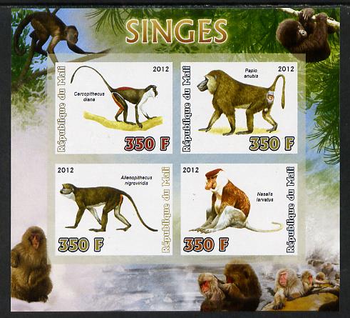 Mali 2012 Fauna - Monkeys imperf sheetlet containing 4 values unmounted mint, stamps on animals, stamps on monkeys, stamps on apes