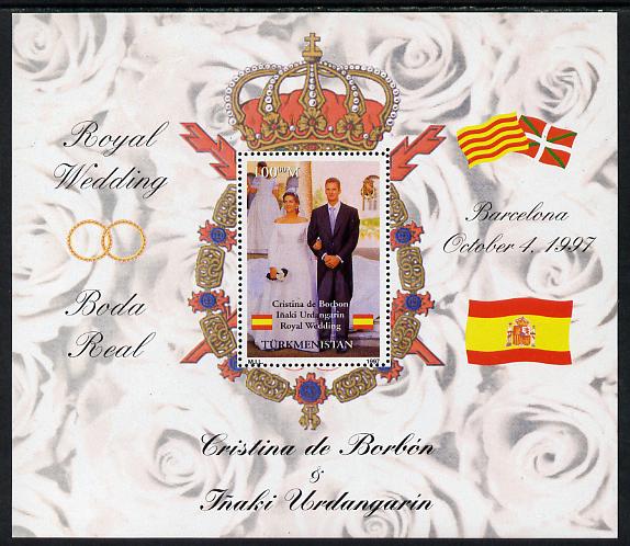 Turkmenistan 1997 Royal Wedding - Duke & Duchess of Mallorca perf m/sheet unmounted mint. Note this item is privately produced and is offered purely on its thematic appea..., stamps on personalities, stamps on royalty, stamps on spain