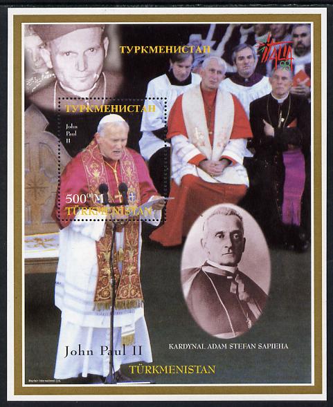 Turkmenistan 1998 Pope John Paul II (with Italia 98 imprint) perf m/sheet unmounted mint. Note this item is privately produced and is offered purely on its thematic appeal, stamps on , stamps on  stamps on personalities, stamps on  stamps on pope, stamps on  stamps on popes, stamps on  stamps on stamp exhibitions