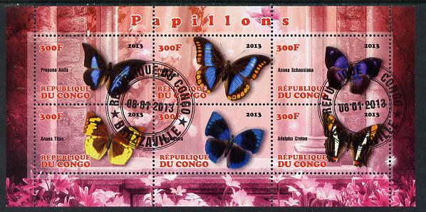 Congo 2013 Butterflies #2 perf sheetlet containing 6 values fine cto used, stamps on butterflies