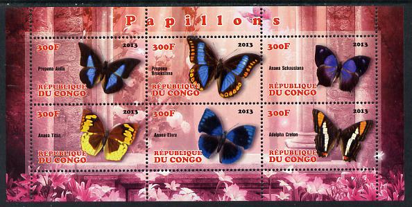 Congo 2013 Butterflies #2 perf sheetlet containing 6 values unmounted mint, stamps on butterflies