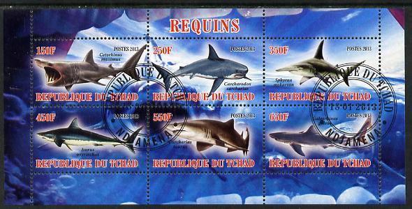 Chad 2013 Sharks perf sheetlet containing 6 values fine cto used, stamps on , stamps on  stamps on fish, stamps on  stamps on sharks