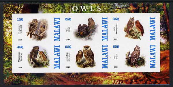 Malawi 2013 Owls imperf sheetlet containing 6 values unmounted mint, stamps on birds, stamps on birds of prey, stamps on owls