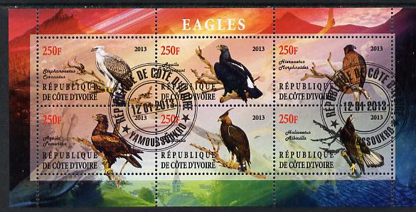 Ivory Coast 2013 Eagles #1 perf sheetlet containing 6 values fine cto used, stamps on , stamps on  stamps on birds, stamps on  stamps on birds of prey, stamps on  stamps on eagles