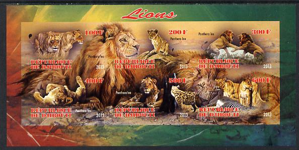 Djibouti 2013 Lions imperf sheetlet containing 6 values unmounted mint, stamps on animals, stamps on cats, stamps on lions, stamps on 