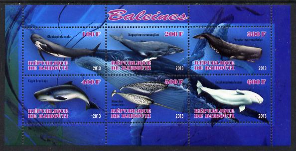 Djibouti 2013 Whales perf sheetlet containing 6 values unmounted mint, stamps on whales, stamps on marine life