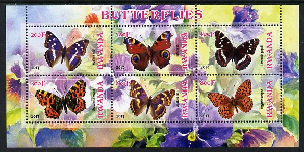 Rwanda 2013 Butterflies #1 perf sheetlet containing 6 values unmounted mint, stamps on butterflies