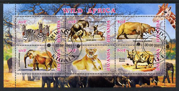 Rwanda 2013 Wild Africa perf sheetlet containing 6 values fine cto used, stamps on animals, stamps on zebras, stamps on hippos, stamps on elephants, stamps on lions, stamps on rhinos