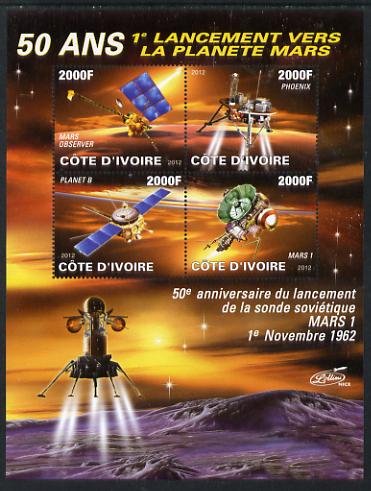 Ivory Coast 2012 Space - 50th Anniversary of Mars Probe #1 perf sheetlet containing 4 values unmounted mint, stamps on space, stamps on mars, stamps on planets, stamps on , stamps on satellites