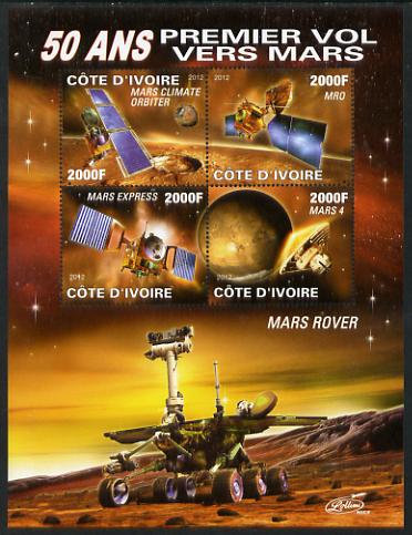 Ivory Coast 2012 Space - 50th Anniversary of Mars Probe #2 perf sheetlet containing 4 values unmounted mint, stamps on space, stamps on mars, stamps on planets, stamps on , stamps on satellites