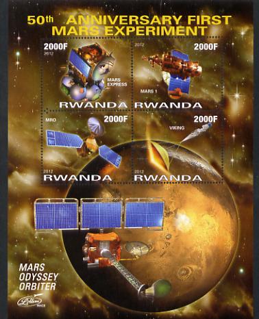 Rwanda 2012 Space - 50th Anniversary of First Mars Experiment #1 perf sheetlet containing 4 values unmounted mint, stamps on space, stamps on rockets, stamps on satellites, stamps on mars, stamps on planets