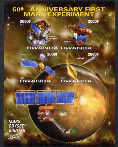 Rwanda 2012 Space - 50th Anniversary of First Mars Experiment #1 imperf sheetlet containing 4 values unmounted mint, stamps on space, stamps on rockets, stamps on satellites, stamps on mars, stamps on planets