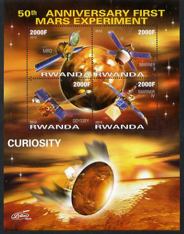 Rwanda 2012 Space - 50th Anniversary of First Mars Experiment #2 perf sheetlet containing 4 values unmounted mint, stamps on space, stamps on rockets, stamps on satellites, stamps on mars, stamps on planets