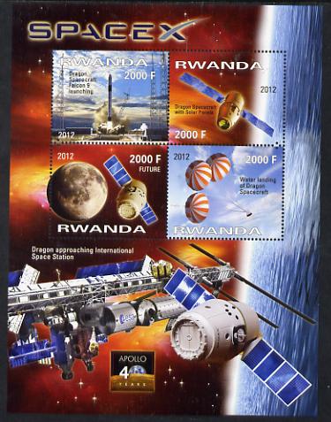 Rwanda 2012 Space - Space X Dragon Flight perf sheetlet containing 4 values unmounted mint, stamps on space, stamps on rockets, stamps on satellites, stamps on planets
