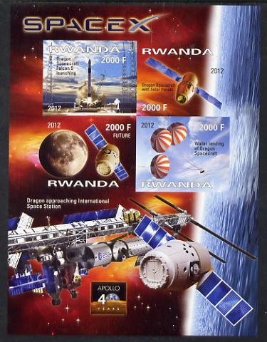 Rwanda 2012 Space - Space X Dragon Flight imperf sheetlet containing 4 values unmounted mint, stamps on space, stamps on rockets, stamps on satellites, stamps on planets