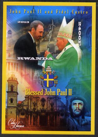 Rwanda 2013 Pope John Paul with Fidel Castro imperf deluxe sheet containing 1 value unmounted mint, stamps on personalities, stamps on pope, stamps on popes, stamps on religion, stamps on arms, stamps on constitutions  , stamps on dictators.
