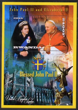 Rwanda 2013 Pope John Paul with Queen Elizabeth II perf deluxe sheet containing 1 value unmounted mint, stamps on personalities, stamps on pope, stamps on popes, stamps on religion, stamps on arms, stamps on royalty