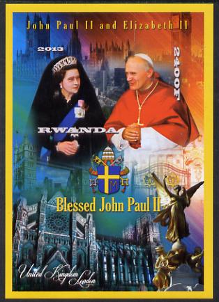Rwanda 2013 Pope John Paul with Queen Elizabeth II imperf deluxe sheet containing 1 value unmounted mint, stamps on personalities, stamps on pope, stamps on popes, stamps on religion, stamps on arms, stamps on royalty