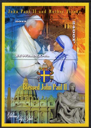 Rwanda 2013 Pope John Paul with Mother Teresa perf deluxe sheet containing 1 value unmounted mint, stamps on , stamps on  stamps on personalities, stamps on  stamps on pope, stamps on  stamps on popes, stamps on  stamps on religion, stamps on  stamps on arms, stamps on  stamps on nobel, stamps on  stamps on peace, stamps on  stamps on women