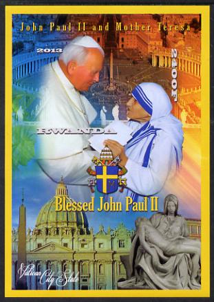 Rwanda 2013 Pope John Paul with Mother Teresa imperf deluxe sheet containing 1 value unmounted mint, stamps on , stamps on  stamps on personalities, stamps on  stamps on pope, stamps on  stamps on popes, stamps on  stamps on religion, stamps on  stamps on arms, stamps on  stamps on nobel, stamps on  stamps on peace, stamps on  stamps on women