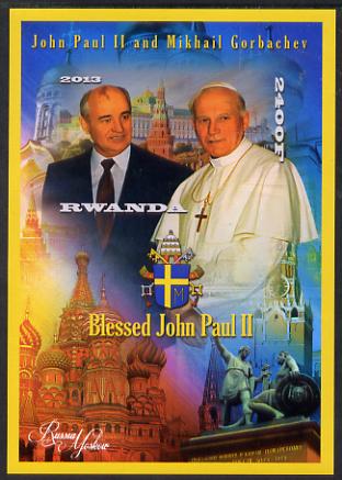 Rwanda 2013 Pope John Paul with Mikhail Gorbachev imperf deluxe sheet containing 1 value unmounted mint, stamps on personalities, stamps on pope, stamps on popes, stamps on religion, stamps on arms, stamps on constitutions
