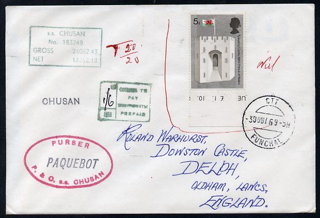 Great Britain used in Funchal (Portugal) 1969 Paquebot cover to England carried on SS Chusan and bearing Great Britain stamp which has not been accepted, thus a Postage D..., stamps on paquebots