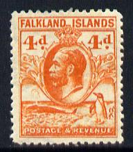 Falkland Islands 1929 Whale & Penguins 4d orange mounted mint SG 120, stamps on , stamps on  kg5 , stamps on whales, stamps on penguins