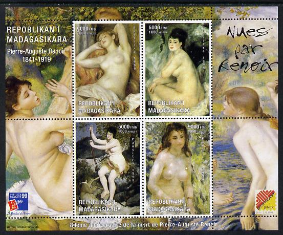 Madagascar 1999 Philex France 99 - Nude paintings by Renoir perf sheetlet containing 4 values unmounted mint. Note this item is privately produced and is offered purely o..., stamps on stamp exhibitions, stamps on arts, stamps on renoir, stamps on nudes