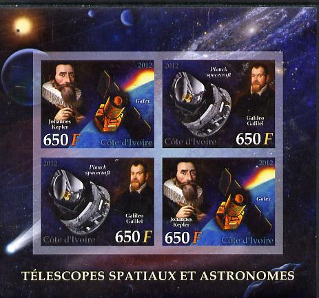 Ivory Coast 2012 Space Telescopes & Astronomers imperf sheetlet containing 4 values (2 sets of 2) unmounted mint, stamps on telescopes, stamps on space, stamps on galileo, stamps on kepler