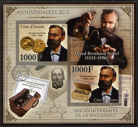 Ivory Coast 2013 Anniversaries - 180th Birth Anniversary of Alfred Nobel imperf sheetlet containing 2 values unmounted mint, stamps on personalities, stamps on nobel, stamps on coins, stamps on science, stamps on chemistry