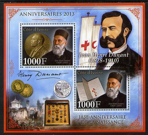 Ivory Coast 2013 Anniversaries - 185th Birth Anniversary of Henri Dunant perf sheetlet containing 2 values unmounted mint, stamps on , stamps on  stamps on personalities, stamps on  stamps on dunant, stamps on  stamps on red cross, stamps on  stamps on coins, stamps on  stamps on nobel, stamps on  stamps on peace, stamps on  stamps on battles