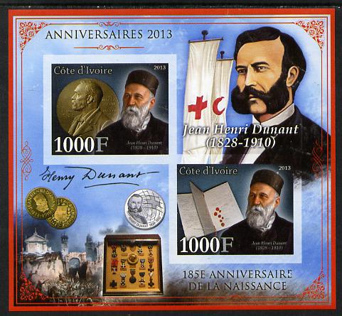 Ivory Coast 2013 Anniversaries - 185th Birth Anniversary of Henri Dunant imperf sheetlet containing 2 values unmounted mint, stamps on personalities, stamps on dunant, stamps on red cross, stamps on coins, stamps on nobel, stamps on peace, stamps on battles
