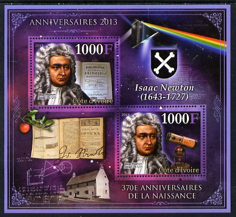 Ivory Coast 2013 Anniversaries - 370th Birth Anniversary of Isaac Newton perf sheetlet containing 2 values unmounted mint, stamps on personalities, stamps on rainbows, stamps on telescopes, stamps on science, stamps on astronomy, stamps on maths, stamps on mathematics