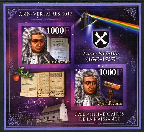 Ivory Coast 2013 Anniversaries - 370th Birth Anniversary of Isaac Newton imperf sheetlet containing 2 values unmounted mint, stamps on , stamps on  stamps on personalities, stamps on  stamps on rainbows, stamps on  stamps on telescopes, stamps on  stamps on science, stamps on  stamps on astronomy, stamps on  stamps on maths, stamps on  stamps on mathematics