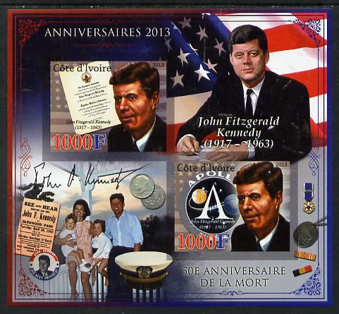 Ivory Coast 2013 Anniversaries - 50th Death Anniversary of John F Kennedy imperf sheetlet containing 2 values unmounted mint, stamps on personalities, stamps on kennedy, stamps on americana, stamps on us presidents, stamps on coins, stamps on apollo.flags