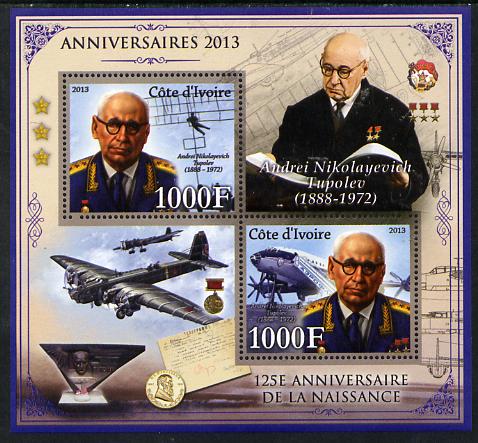 Ivory Coast 2013 Anniversaries - 125th Birth Anniversary of Andrei Tupolev perf sheetlet containing 2 values unmounted mint, stamps on personalities, stamps on aviation, stamps on coins, stamps on tupolev, stamps on medals, stamps on 