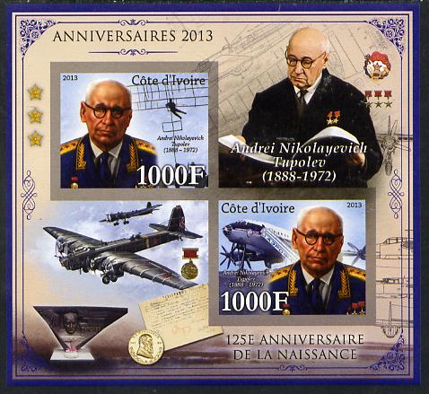 Ivory Coast 2013 Anniversaries - 125th Birth Anniversary of Andrei Tupolev imperf sheetlet containing 2 values unmounted mint, stamps on personalities, stamps on aviation, stamps on coins, stamps on tupolev, stamps on medals, stamps on 