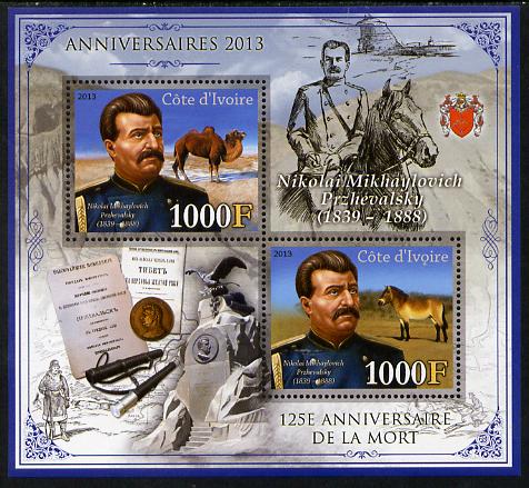 Ivory Coast 2013 Anniversaries - 125th Death Anniversary of Nikolai Przhevalsky perf sheetlet containing 2 values unmounted mint, stamps on personalities, stamps on explorers, stamps on coins, stamps on camels, stamps on horses